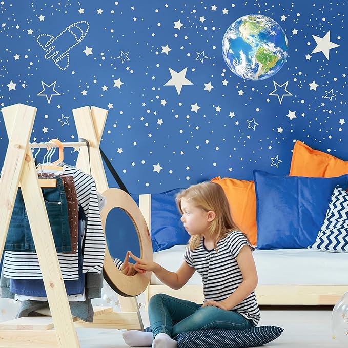 965 PCS Glow in The Dark Stars and Earth for Ceiling, Luminous Stars and Planet Wall Decals, Kids Room Decor, Glowing Galaxy Wall Stickers for Nursery Decorations (Blue)