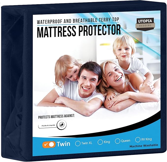 Utopia Bedding Waterproof Mattress Protector Twin Size, Premium Terry Mattress Cover 200 GSM, Breathable, Fitted Style with Stretchable Pockets (Navy)
