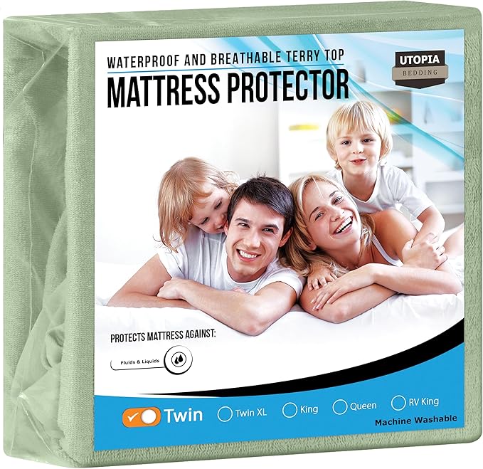 Utopia Bedding Waterproof Mattress Protector Twin Size, Premium Terry Mattress Cover 200 GSM, Breathable, Fitted Style with Stretchable Pockets (Sage)