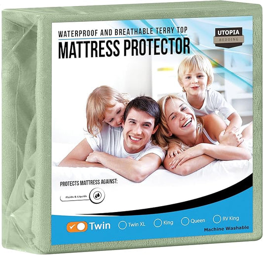 Utopia Bedding Waterproof Mattress Protector Twin Size, Premium Terry Mattress Cover 200 GSM, Breathable, Fitted Style with Stretchable Pockets (Sage)