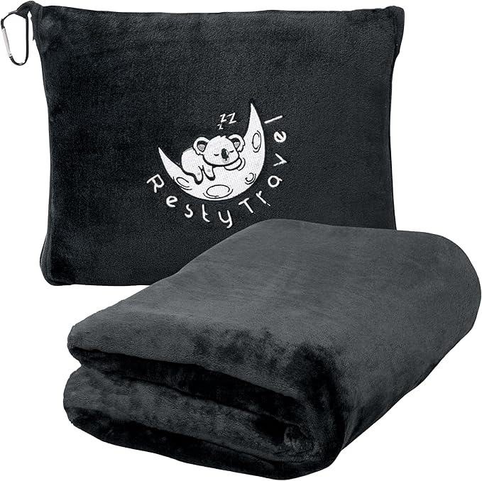 Resty Travel Blanket - Compact Airplane Blanket with Bag - Small and Lightweight Traveling Blanket & Pillow - Portable Blankets with Carabiner for Easy Transport - Plane Train Car (Onyx Black)