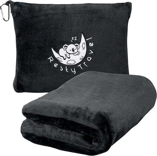 Resty Travel Blanket - Compact Airplane Blanket with Bag - Small and Lightweight Traveling Blanket & Pillow - Portable Blankets with Carabiner for Easy Transport - Plane Train Car (Onyx Black)