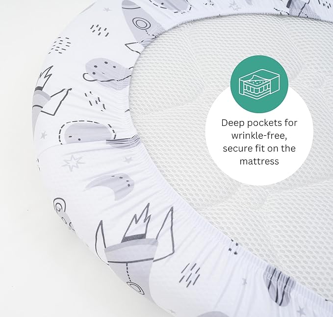 TansyPanda Bassinet Sheets for Halo Bassinest Swivel, Flex, Glide, Premiere and Luxe Series Sleeper, Pack of 3, 33 X 17 Inch, Ultra Soft and Snug Fit, Unisex Boys Girls, Gray White (Space Rockets)