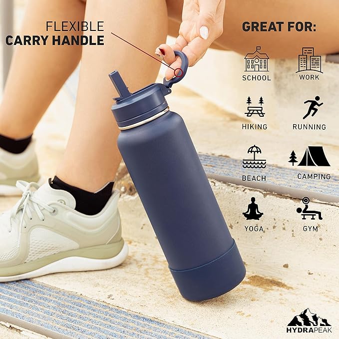 Hydrapeak 32oz Sport Insulated Water Bottle with Straw or Chug Lid, Leak & Spill Proof, Keeps Drinks Cold for 24 Hours, Hot for 12 Hours, Premium Stainless Steel Water Bottles (32oz, Powder Blue)