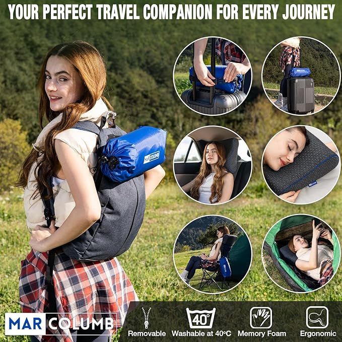 Travel & Camping Comfortable Memory Foam Pillow – Easy to Carry Portable Bag – Temperature Regulating Pillow Case - Perfect for Travelling, Grey Contour