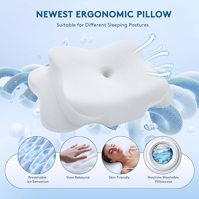 Cervical Pillow for Neck Pain Relief, Cooling Contour Memory Foam Pillows Support Odorless Ergonomic Neck Pillow Adjustable Orthopedic Bed Pillow for Side Back Stomach Sleeper with Pillowcase