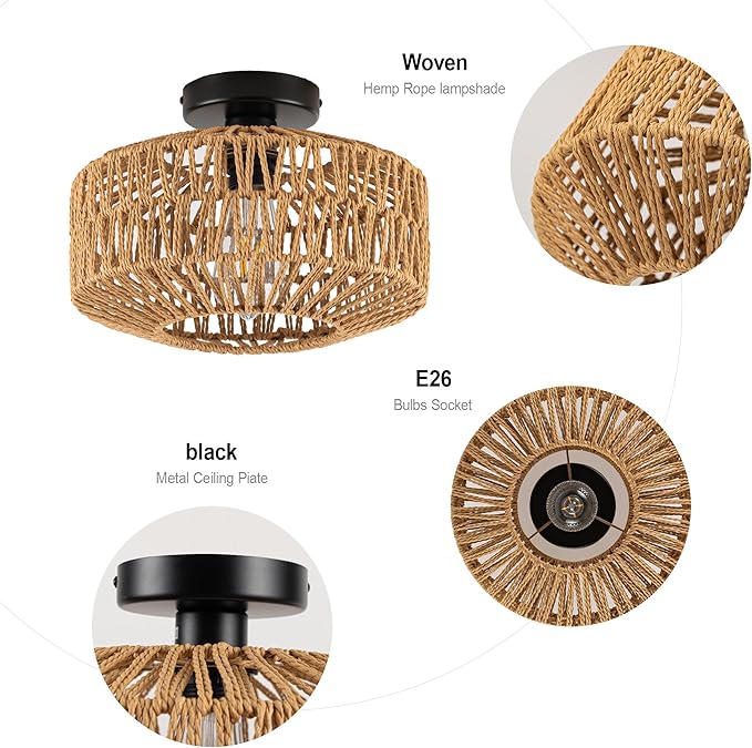 MAYNA Rattan Ceiling Light Fixture, Hand-Woven Boho Light Fixtures Ceiling Mount, Rattan Flush Mount Ceiling Light for Farmhouse Hallway Bedroom Kitchen Entryway Living Room (Black)