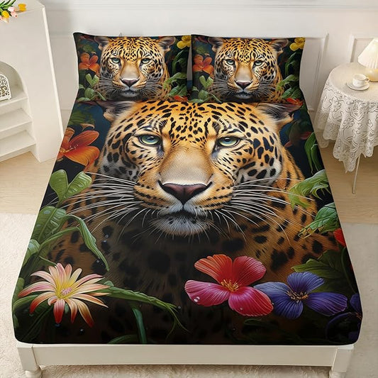 AILONEN Leopard Print Fitted Sheet Set Twin XL Size for Boys,Safari Cheetah Bed Sheet Set TwinXL, Jungle Animal Leopard Sheet Set 3 Pieces Wildlife Fitted Sheet with 2 Pillowcases