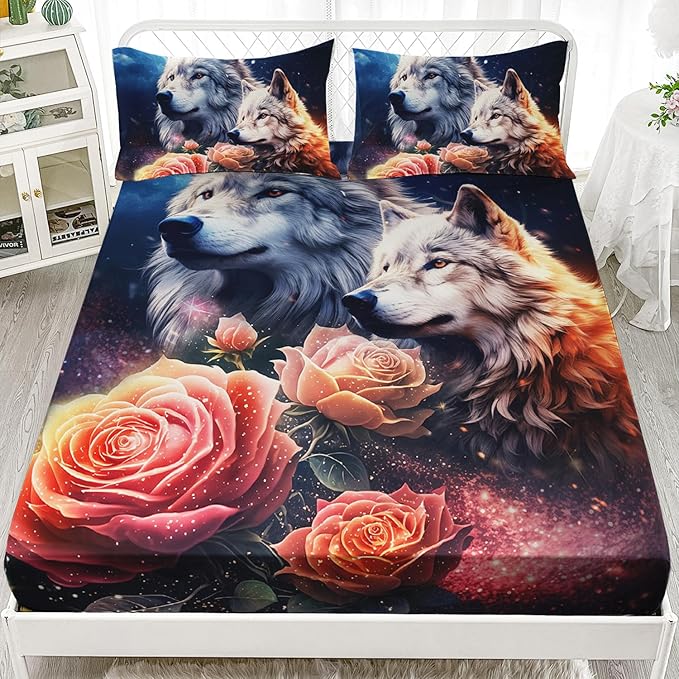 AILONEN Wolf Fitted Sheet Set Queen Size, Red Floral Flower and Wolves Animals Bed Sheet Set,3 Pieces Safari Wolf Bed Sheet Set for Boys Girls,1 Fitted Sheet with 2 Pillowcases