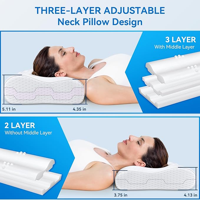 Sandwich Cervical Neck Pillow Queen Size - Dynamic Memory Foam Pillow for Neck Shoulder Pain Relief, Ergonomic Adjustable Bed Contour Pillow for Side, Back & Stomach Sleepers CertiPUR-US