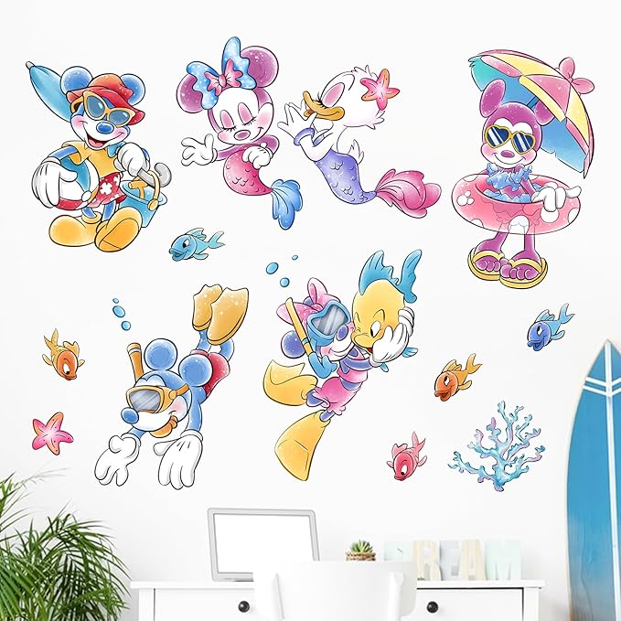 Mfault Summer Cartoon Mouse Wall Decal Stickers, Under The Sea Duck Mermaid Fish Coastal Ocean Nursery Decoration Bedroom Art, Beach Nautical Coral Neutral Toddler Kids Baby Room Decor