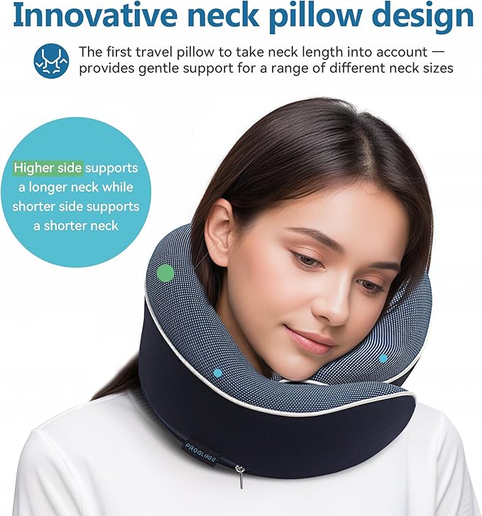 Orthopedic Neck Pillow Travel Neck Pillows for Airplanes, Memory Foam Kit, Updated Resting Material, Airplane Travel Set with 3D Contoured Eye Masks, Earplugs, and Luxury Mesh Bag (Blue)
