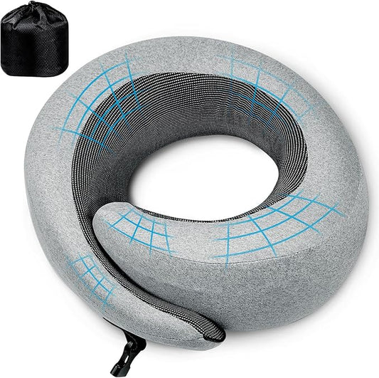 PORTHOLIC 2024 Upgraded Neck Pillow with Buckle for Travel, 100% Pure Memory Foam Travel Neck Pillow for Airplane Travel Flight Headrest Sleep, Portable Plane Accessories (Light Grey)
