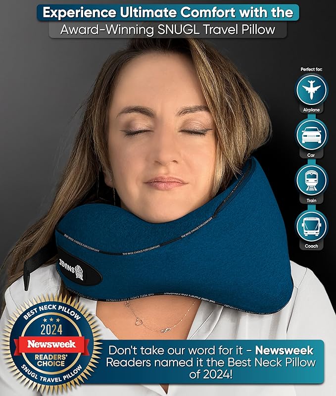 SNUGL Neck Travel Pillow - Memory Foam Airplane Pillow - Flight Pillow | Neck Support Travel Pillow with Carry Bag & Clip | Neck Pillows for Sleeping Travel Plane | Flying Travel Essentials - Navy