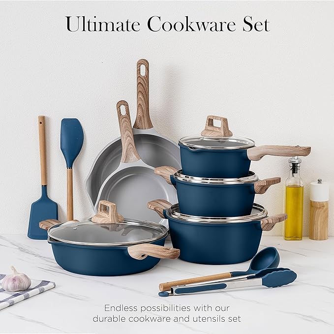 Country Kitchen Pots and Pans Set Nonstick, Cast Aluminum Kitchen Cookware Set with Utensils, 14 Pcs Non Stick Cooking Set w/Frying Pans & Saucepans
