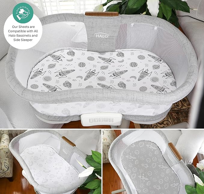 TansyPanda Bassinet Sheets for Halo Bassinest Swivel, Flex, Glide, Premiere and Luxe Series Sleeper, Pack of 3, 33 X 17 Inch, Ultra Soft and Snug Fit, Unisex Boys Girls, Gray White (Space Rockets)