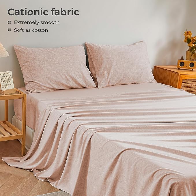 Queen Sheets Light Pink, Ultral Soft Cationic Linen Look Sheets, Luxury Cooling Cozy Bed Sheet Set with Non-Slip Fitted Sheet