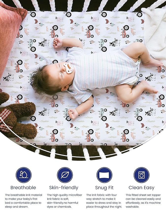TotAha Crib Sheets for Boys, Premium Stretchy Farm Crib Sheet Fitted, Buttery Soft Truck Crib Mattress Sheets, Calming Effect, All-Season Jersey-Knit 28 X 52 X 9'' Extra Deep Pocket (Farm & Pumpkin)