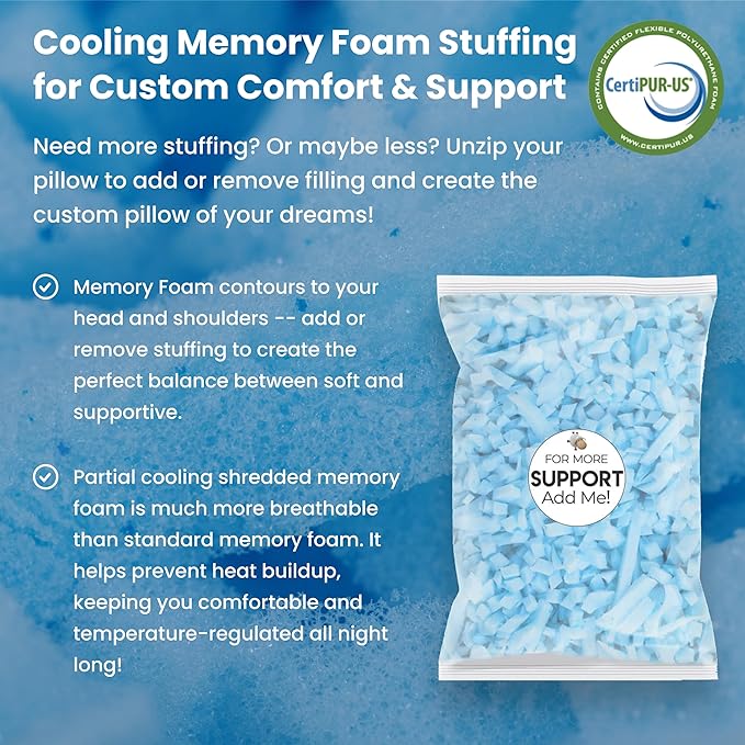 Topper, Cooling Shredded Memory Foam Filling - Adjustable for Shoulders & Side Sleepers. Zipper Access to Add/Remove Fill for Best Sleeping: Top Medium/High Density Support