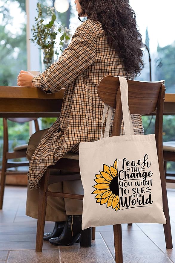 LIBIHUA Teach the Change You Want to See in the World - Shoulder Bag Shopping Bag Tote Bag for Teachers- Appreciation Gifts for Teachers -Teacher Month Birthday Christmas Gifts for Teachers