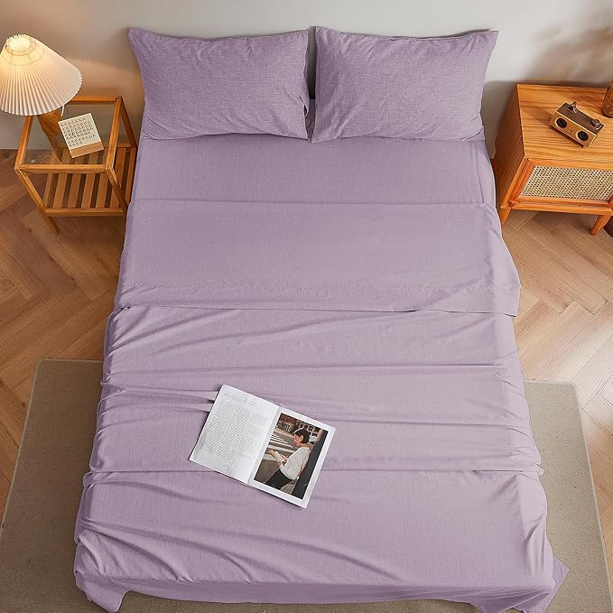 King Sheets Purple, Ultral Soft Cationic Linen Look Sheets, Luxury Cooling Cozy Bed Sheet Set with Non-Slip Fitted Sheet