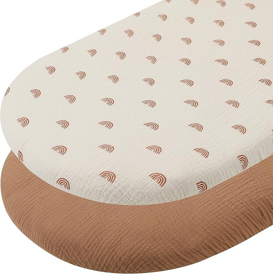 Muslin Bassinet Sheets 29"x 14" for Chicco LullaGo Anywhere, Baby Bjorn Cradle and Other Same Size Mattress Pad, Snuggly Soft 100% Cotton 2 Pack, Natural and Rainbow