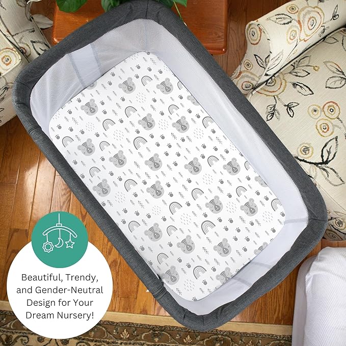 TansyPanda Bassinet Sheets for Bellababy, Besrey, AMKE, and Milliard Bedside Bassinet Sleeper, 3PC, 20 x 33 Inch, Ultra Soft, Breathable, Snug Fit, Unisex Boys, Girls, Gray White (Woodland Rainbow)