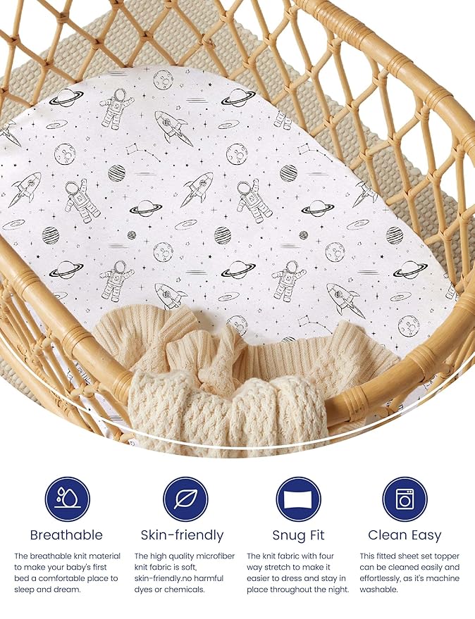 TotAha Premium Soft Space Bassinet Sheet for Boy Girl, Super Stretchy Jersey Knit Bassinet Fitted Sheet, Compatible with Halo, Maxi COSI, Mika Micky, SNOO, Baby Delight Mattress, 2 Pack