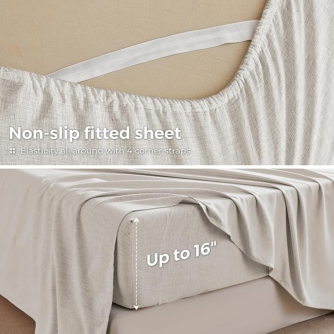 Queen Sheets Khaki, Ultral Soft Cationic Linen Look Sheets, Luxury Cooling Cozy Bed Sheet Set with Non-Slip Fitted Sheet
