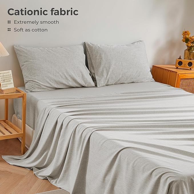 Twin Sheets Light Grey, Ultral Soft Cationic Linen Look Sheets, Luxury Cooling Cozy Bed Sheet Set with Non-Slip Fitted Sheet