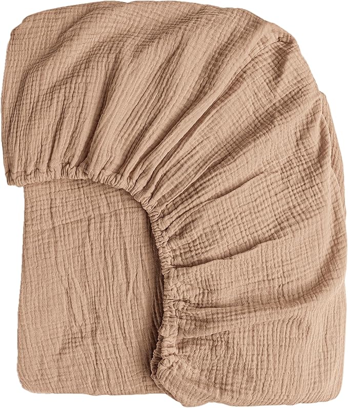Konssy Muslin Fitted Crib Sheets 100% Cotton Baby Crib Sheets for Standard Crib Mattress (28 X 52 Inches), Soft and Breathable for Boys Girls (Toffee)