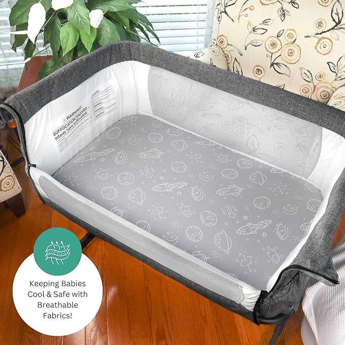 TansyPanda Bassinet Sheets for Angelbliss, Koolerthings, and Koola Baby Bassinet Bedside Sleeper, 3 Pack, 33x20 inch, Ultra Soft, Breathable, Snug Fit, Unisex Boys Girls, Gray White (Space Rockets)