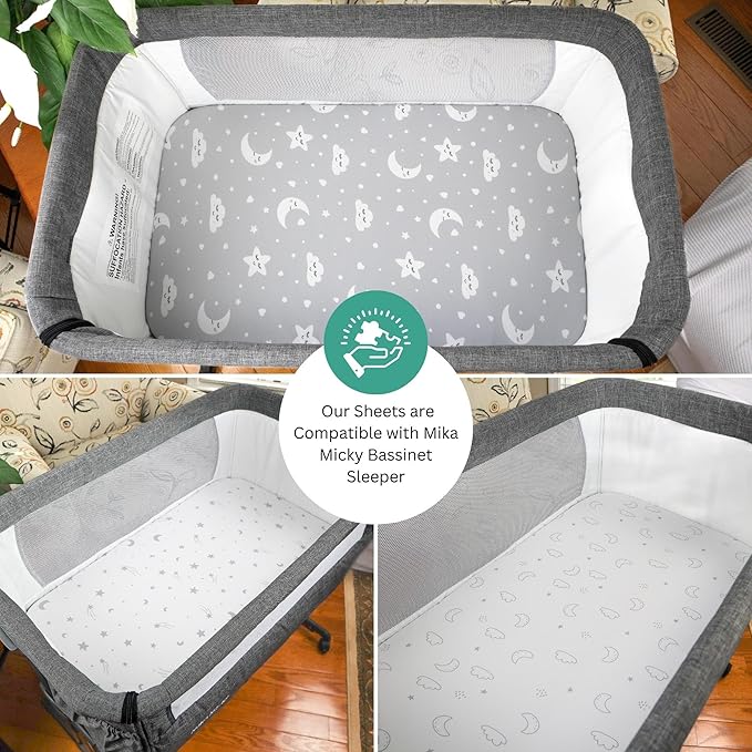 Bassinet Sheets for Mika Micky, Cuddor, Evolur Bedside Sleeper by TansyPanda, 3 Pack, 19 x 32 Inch, Ultra Soft, Breathable, and Snug Fit, Unisex Boys and Girls, Gray White (Moon, Stars, and Clouds)