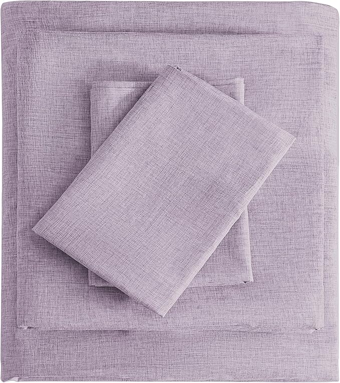 Twin Sheets Purple, Ultral Soft Cationic Linen Look Sheets, Luxury Cooling Cozy Bed Sheet Set with Non-Slip Fitted Sheet