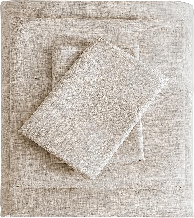 Twin Sheets Brown, Ultral Soft Cationic Linen Look Sheets, Luxury Cooling Cozy Bed Sheet Set with Non-Slip Fitted Sheet