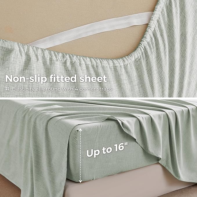 Queen Sheets Sage Green, Ultral Soft Cationic Linen Look Sheets, Luxury Cooling Cozy Bed Sheet Set with Non-Slip Fitted Sheet