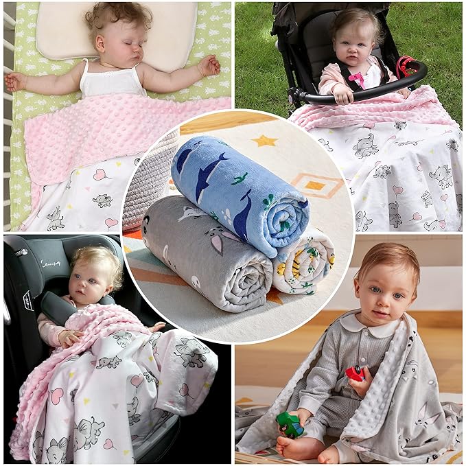 DaysU Silky Micro Soft Plush Baby Blankets Unisex with Print Animal Pattern and Soothing Raised Dots, Double Layer Bed Throws for Baby Crib, Animal Faces, Grey, 30x40 Inches