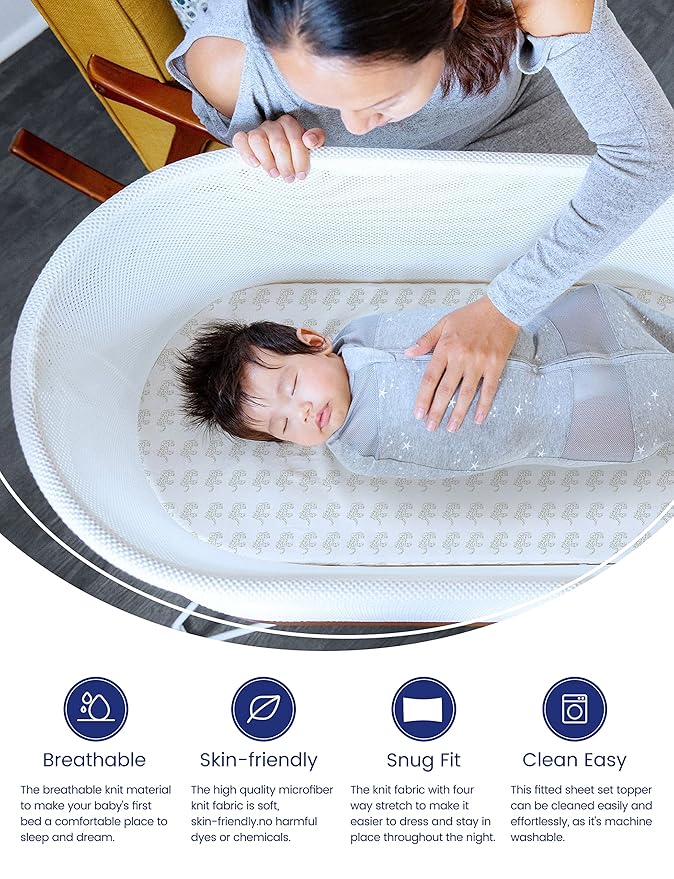 TotAha Premium Stretchy Bassinet Cradle Sheets (2-Pack) -Hypoallergenic, Silky Comfort, Buttery Soft, Calming Effect, All-Season Jersey-Knit Sheets,32 X 16 X 3''(Belgian & Blue Painted Elephant)