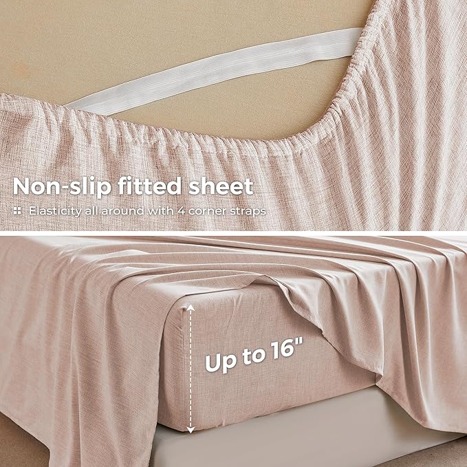 King Sheets Light Pink, Ultral Soft Cationic Linen Look Sheets, Luxury Cooling Cozy Bed Sheet Set with Non-Slip Fitted Sheet