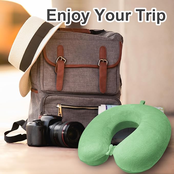 Neck Pillow for Airplane Travel, 100% Pure Memory Foam Travel Neck Pillow for Sleeping & Travel Essentials for Neck Rest, Green, Pack with Box
