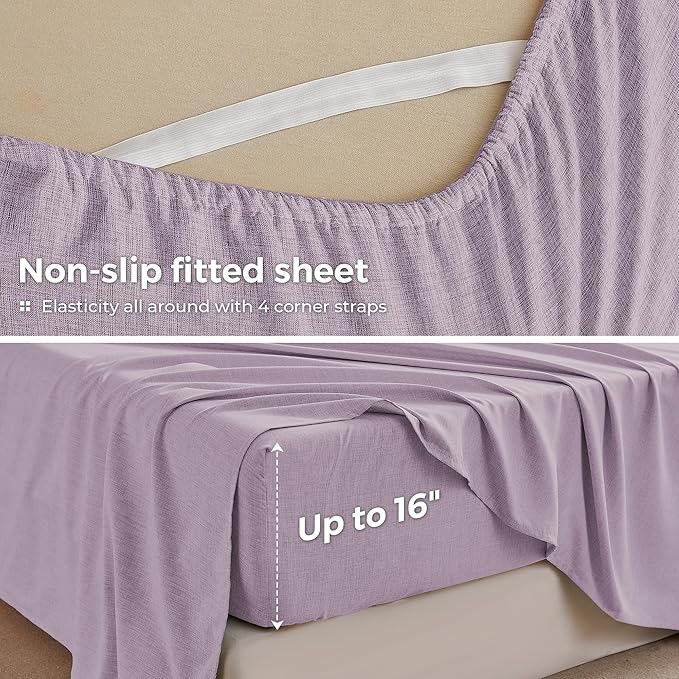 Twin Sheets Purple, Ultral Soft Cationic Linen Look Sheets, Luxury Cooling Cozy Bed Sheet Set with Non-Slip Fitted Sheet