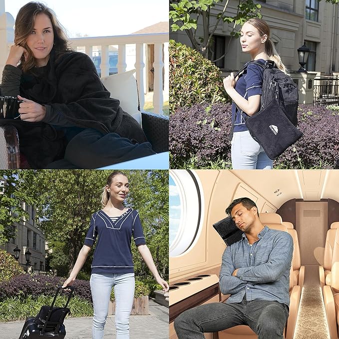 BlueHills 2-Pack Premium Soft Travel Blanket Pillow Airplane Blanket for Two in Soft Bag Pillowcase with Hand Luggage Belt and Backpack Clip, Compact Pack Large Blankets for Travel (Black T014)