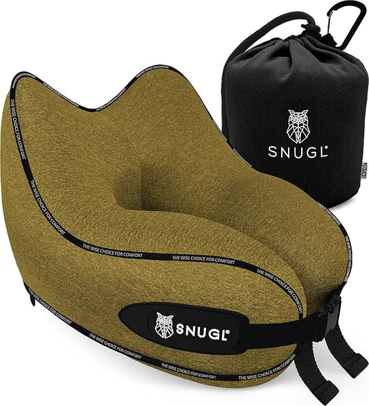 SNUGL Neck Travel Pillow - Memory Foam Airplane Pillow - Flight Pillow | Neck Support Travel Pillow with Carry Bag & Clip | Neck Pillows for Sleeping Travel Plane | Flying Travel Essentials - D.Yellow