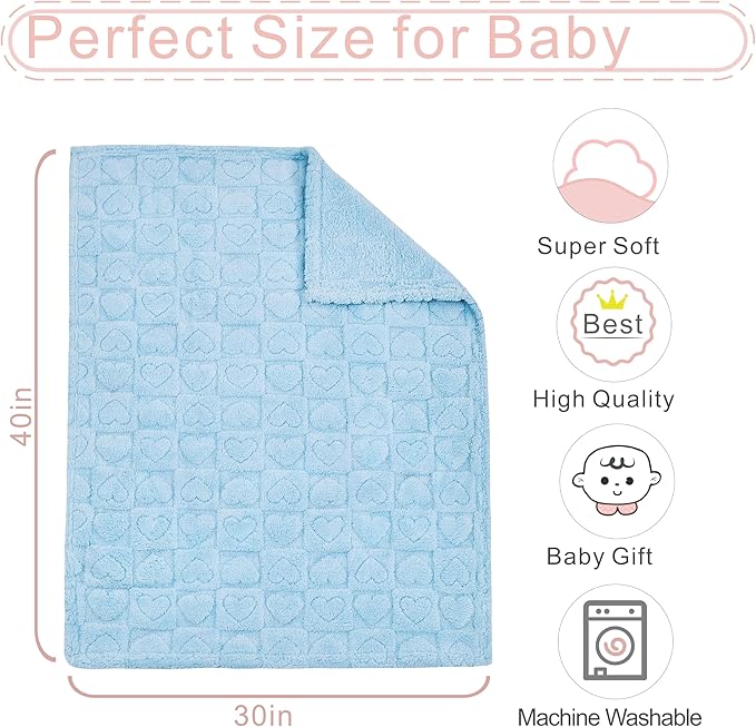 Sherpa Fleece Baby Blanket Heart Checkered Blanket, Ultra Soft Fluffy Premium Baby Blankets for Boys Girls, Cozy Infant Toddler Newborn Receiving Blankets for Crib Stroller 30”×40” (Blue)
