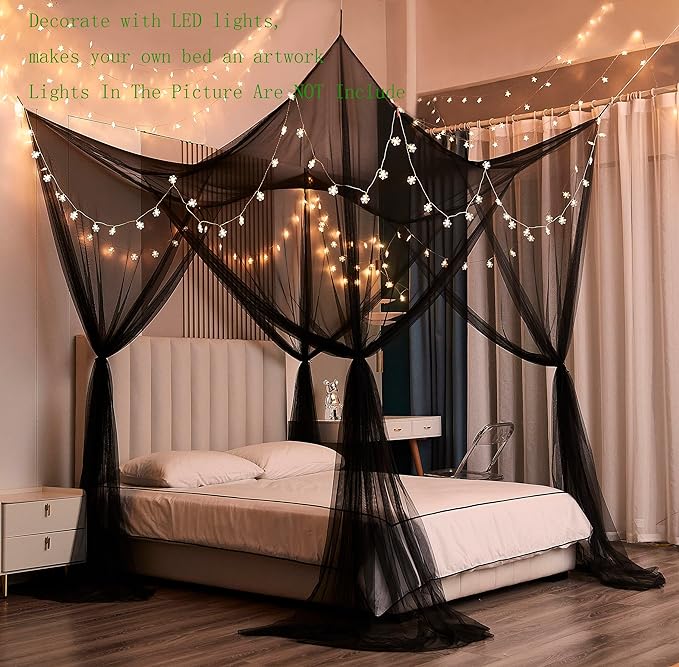 Mengersi Bed Canopy,Canopy Bed Curtains Bed Drapes for Full Queen King Size Bed,Mosquito Net Bed Curtains for Patio Indoor Outdoor Net,Black Bed Canopy Curtains for Gothic,Halloween Decoration
