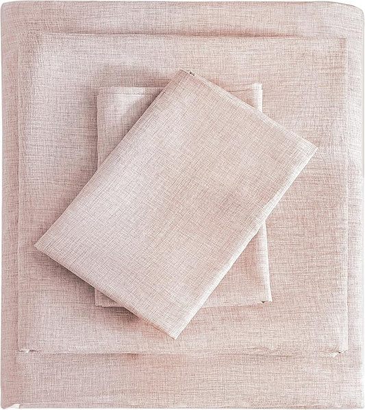 Full Sheets Light Pink, Ultral Soft Cationic Linen Look Sheets, Luxury Cooling Cozy Bed Sheet Set with Non-Slip Fitted Sheet
