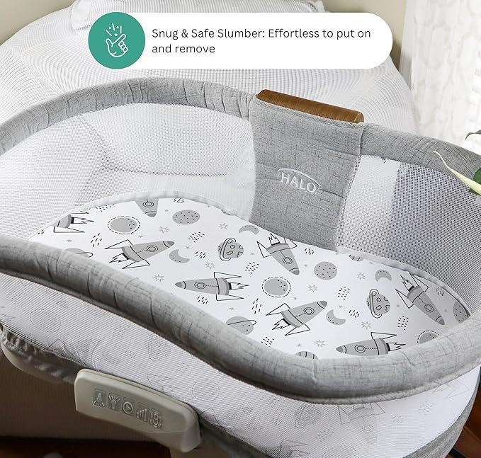TansyPanda Bassinet Sheets for Halo Bassinest Swivel, Flex, Glide, Premiere and Luxe Series Sleeper, Pack of 3, 33 X 17 Inch, Ultra Soft and Snug Fit, Unisex Boys Girls, Gray White (Space Rockets)