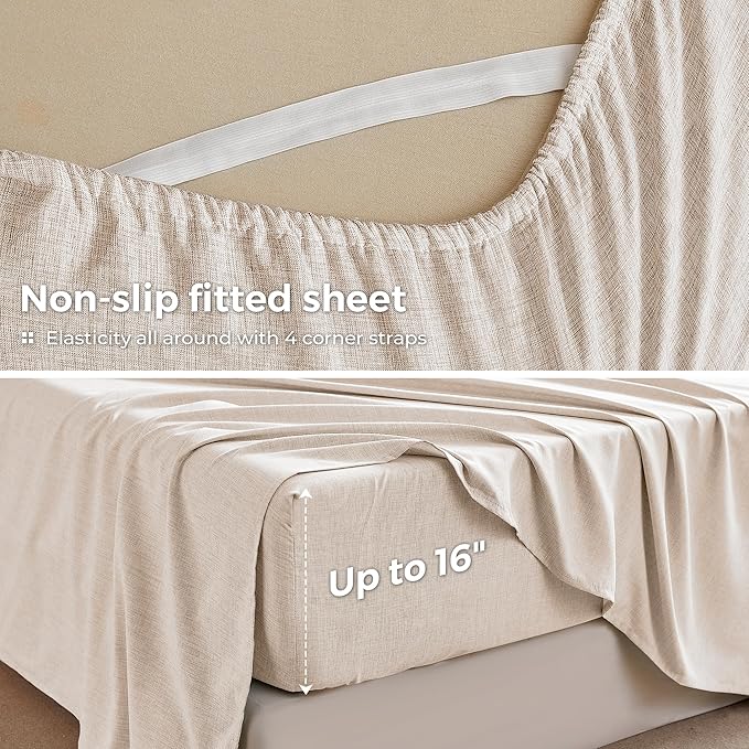 Full Sheets Brown, Ultral Soft Cationic Linen Look Sheets, Luxury Cooling Cozy Bed Sheet Set with Non-Slip Fitted Sheet