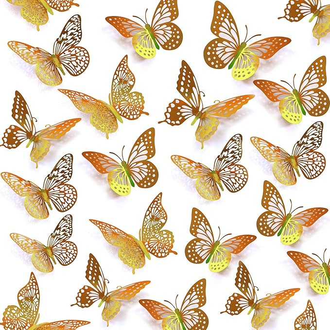 SAOROPEB 3D Butterfly Wall Decor 48 Pcs 4 Styles 3 Sizes-Butterfly Birthday Decorations&Butterfly Party Decorations&Butterfly Cake Decorations-Removable Gold Butterfly Decorations (Laser Gold)