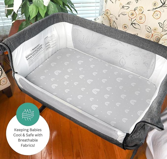 TansyPanda Bassinet Sheets for Angelbliss, Koolerthings, and Koola Baby Bassinet Bedside Sleeper, 3 Pack, 33x20 inch, Ultra Soft, Breathable, Snug Fit, Unisex Boys Girls, Gray White (Woodland Rainbow)